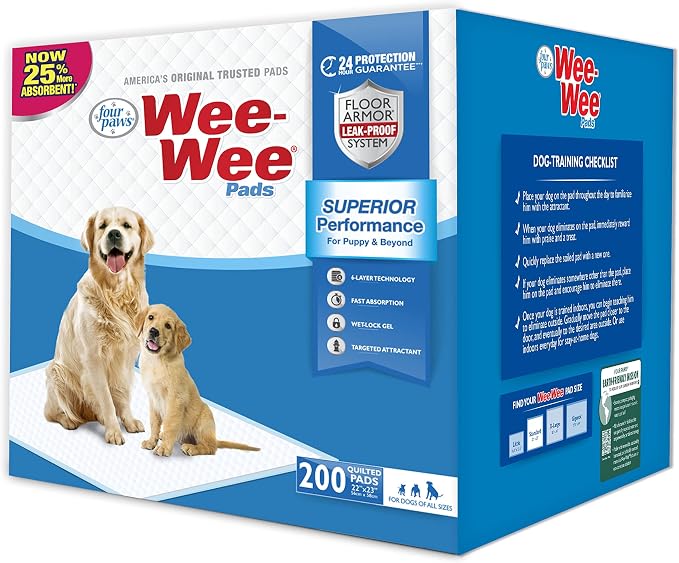 Four Paws Wee-Wee Superior Performance Unscented Puppy Pee Pads for Dogs & Puppies, Quilted Leak-Proof Dog Housebreaking Potty Training Floor Protection, Pet Supplies, 22" x 23", 200 Count