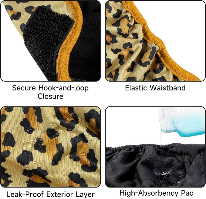 Paw Legend Washable Reusable Female Dog Period Diapers for Heat Doggie Puppy Diapers for Female Dogs (3 Pack, Leopard, Small)