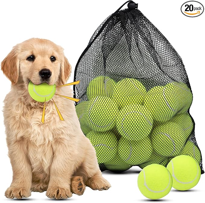 Magicorange Dog Tennis Balls, 20 Pack 2.5 inch Floatable Squeaky Tennis Balls for Fetch Exercise, Natural Rubber Squeaky Dog Balls Training Safe (Yellow)