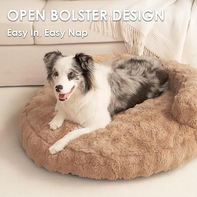 EHEYCIGA Soft Dog Couch Bed for Large Dog, Fluffy Medium Dog Bed with Removable Washable Cover, Bolster Pet Sofa, Waterproof and Non-Slip, 36" x 36"x 9", Camel