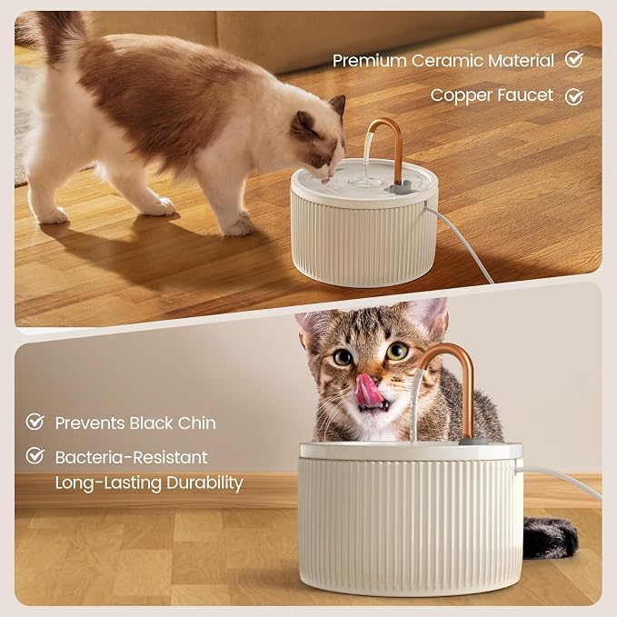 MISFANS Ceramic Cat Water Fountain - 2.1L/71oz - All-Ceramic Body & Pure Copper Water Spout - Non-Toxic - Automatic Pet Drinking Fountain Indoor with Ultra-Quiet Pump, and 3Pcs Filter & Sponge (Beige)
