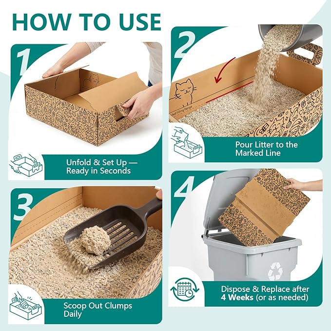 3-Pack Disposable Cat Litter Box, Waterproof & Leak-Resistant Cardboard, Foldable for Travel and Temporary Use, Eco-Friendly with Cute Cartoon Design, Gift for Cat Lovers