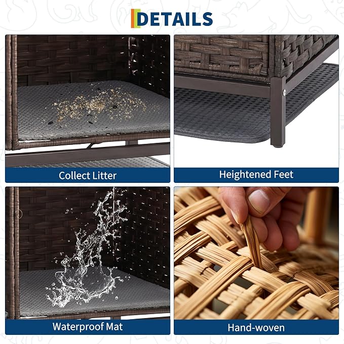 Rattan Litter Box Enclosure Double Cat Hidden Litterbox Furniture with Removable Litter Mat,Ball & 2 Hooks, Natural Cat House End Table, Easy Assembly, 47.2" l x 19.7" w x 23.6" h Brown