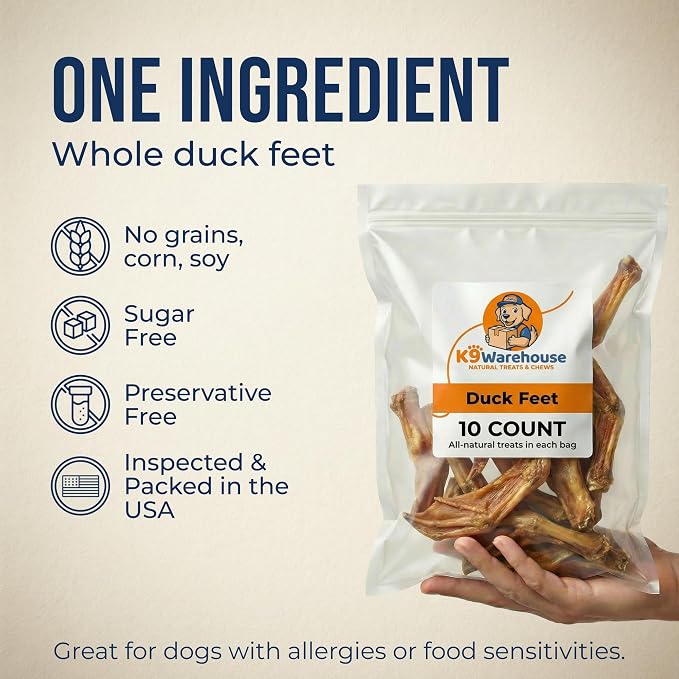 K9warehouse Duck Feet for Dogs – High Protein Dehydrated Dog Treats, Natural Crunchy Chews with Collagen, Glucosamine & Chondroitin for Joint & Hip Health, Dental Care, Small to Large Breeds (10 pcs)