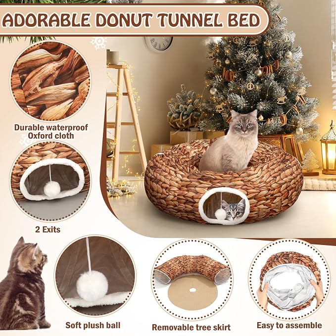 Soulchen Christmas Cat Tunnel Bed 3FT x 3FT x 9.8IN Indoor Cat Donut Tunnels Peekaboo Cave Toy 3 Way Winter Holiday Decor for Kitty Rabbit Ferret Puppy(Woven Brown)