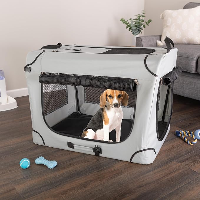 Soft Dog Crate - 32x23.25x23 Collapsible Dog Crate for Medium Pets - Portable Travel Pet Crate with 3 Doors, Mesh Windows, and Removable Divider - Travel Accessories by PETMAKER (Gray)