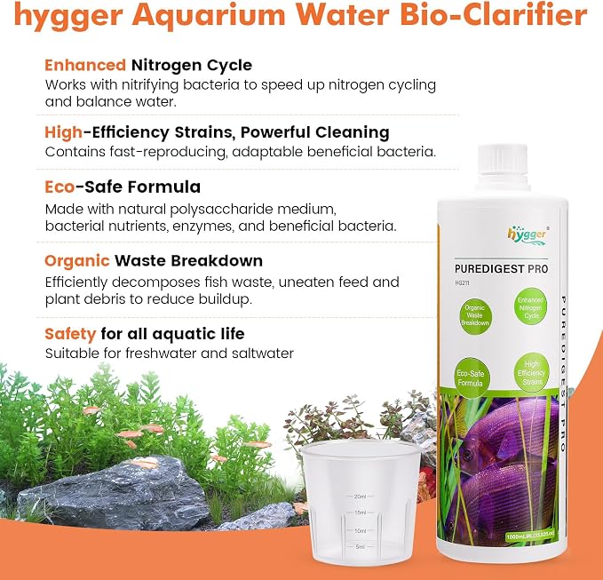 hygger Aquarium Water Bio-Clarifier, Reducing Fish Waste and Cleaning Organic Sludge, Natural Fish Tank Aquarium Leave-in Waste Management Solution for Freshwater and Saltwater Tanks, 300 ML