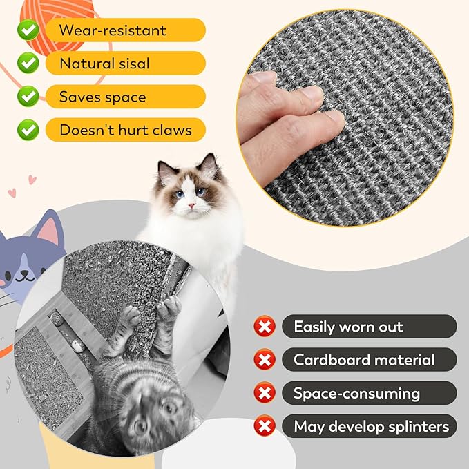 2PCS 23.6" x 15.7" Cat Scratcher Mat with Sticky Tapes, 2 Packs Sisal Cat Scratching Carpet for Indoor Cats, Horizontal Cat Scratcher for Scratching Posts, and Couch Protection(Gray, 2 Pack)