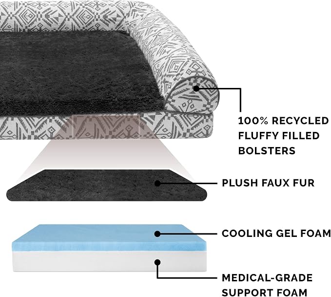 Furhaven Cooling Gel Dog Bed for Medium/Small Dogs w/ Removable Bolsters & Washable Cover, For Dogs Up to 35 lbs - Plush & Southwest Kilim Woven Decor Sofa - Boulder Gray, Medium