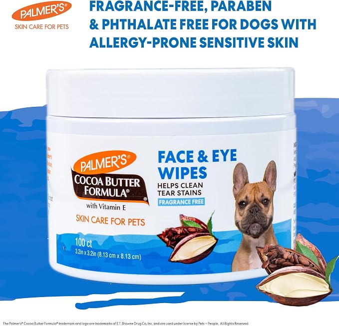 Palmer’s for Pets Face and Eye Dog Wipes with Cocoa Butter, Gentle Tear Stain and Facial Cleaning Wipes for Sensitive Areas and Daily Grooming Care, Unscented, 100 Count - 6 Pack