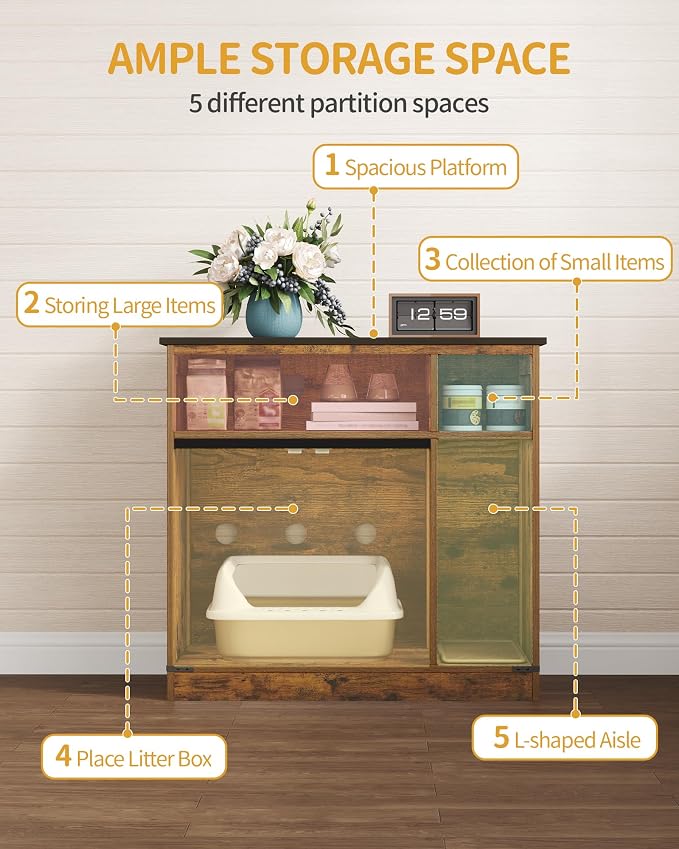 Hzuaneri Cat Litter Box Enclosure, Hidden Litter Box Furniture with Storage, Wooden Cat Cabinet with Scratch Pad, Farmhouse Cat Washroom, TV Stand End Table, Rustic Brown CB87501X
