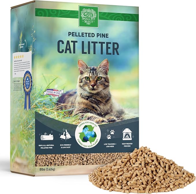 Small Pet Select Premium Pine Pelleted Cat Litter, 100% All Natural Pellet Kitty Litter, Non Clumping Non Tracking Low Dust Litter Meant for Use with Sifting Litter Box, Made in USA, 8 lbs