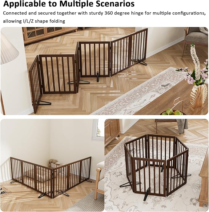 Wooden Dog Gate Freestanding Foldable 6 Panel Pet Gates Extra Wide Dog Gates for Indoor Doorways Stairs 24in Height Support Feet Included