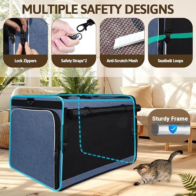 Petskd Side Expandable Extra Large Cat Car Carrier with Collapsible Litter Box for Long Distance Travel,24"x17"x17" Portable Soft Sided Pet Carrier with Roller Shades for 2 Cats Up to 55LBS(Blue)