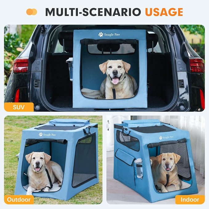 Snagle Paw Portable Dog Crate for Car Travel, Collapsible Large Dog Travel Crate with Metal Frame & 3-Door Mesh Windows, Secures in Trunk/Backseat, Soft-Sided Kennel Carrier for Medium Large Dogs-XL
