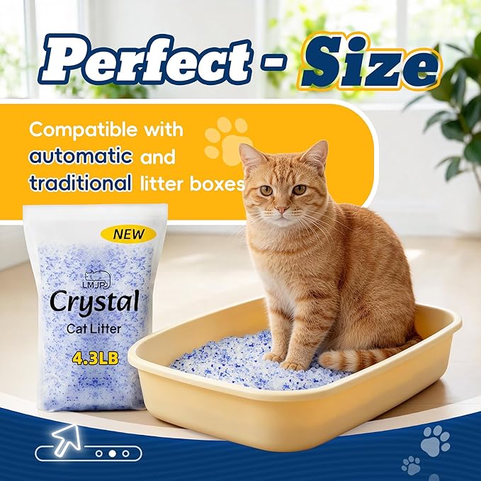 LMJP Crystal Cat Litter with Powerful Odor Control, Non-Clumping, Lasts Up to 4 Months, 17.2lb, Rapid Water Absorption, Unscented & Low Tracking Lightweight Blue & White Silica, 4 Pack of 4.3lb