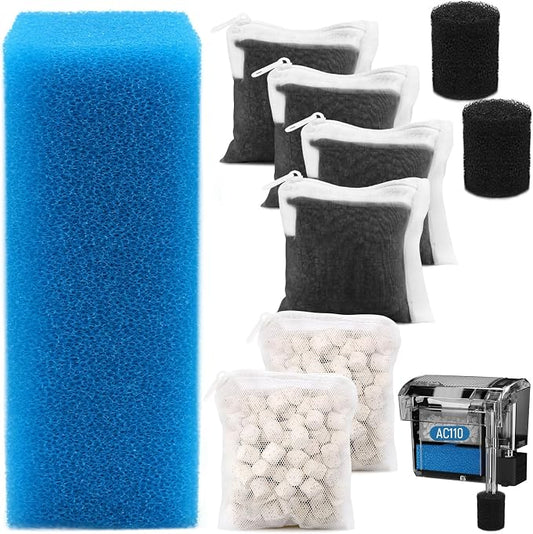 Big Peng AC110 Aquarium Filter Media Maintenance Kit Compatible with Aquaclear Fluval AC110 Power Filters, Includes 1 Blue Foam, 4 Activated Carbon, 2 BioMax Pellets, 2 Intake Strainer Sponge
