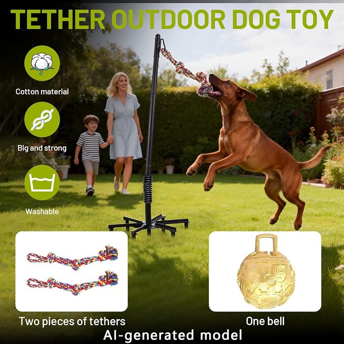 Upgrade Tether Tug Outdoor Dog Toy,Outdoor Tug Of War Toy in Park,Yard,Lawn,Tether Interactive Dog Tug Toy,2 Rope Toy and Bell Pull Chase and Solo Play,Tether Tug For Large Dogs,For Medium Small Dogs