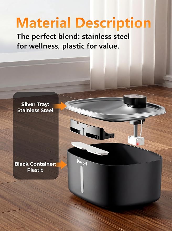 Dog Cat Water Fountain Doggy Spout Water Bowl, Stainless Steel, Large Dog, Fresh Flow, 10L Pet Dispenser with Deeper Wider Drinking Area, LED Window, Multi-Filtration - Wireless 1Filter