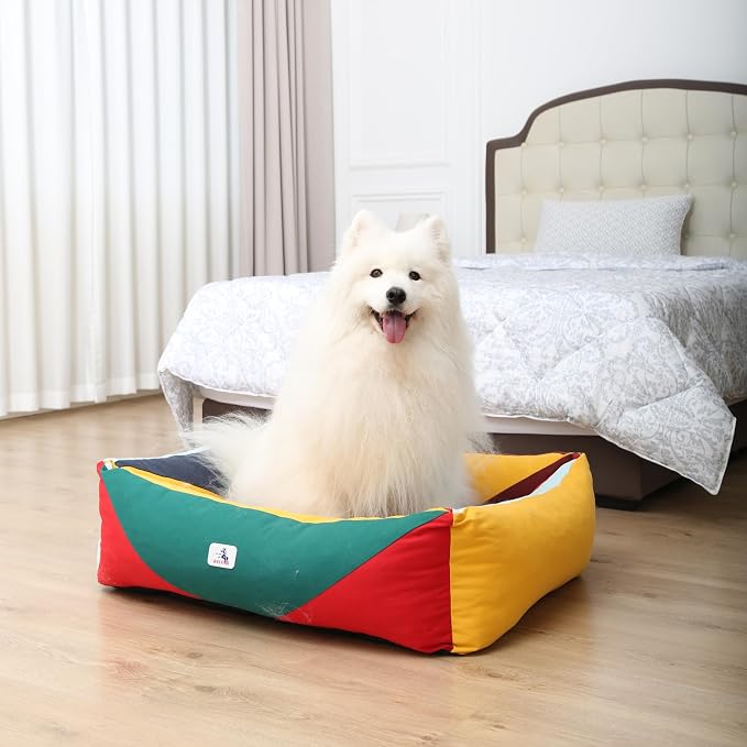 Cotton Canvas Dog Bed, Dog Beds Large Sized Dog, Orthopedic Bed with Washable Removable Cover, Durable 290 GSM Cotton Anti-chewing Pet Bed with Anti-Slip Bottom (38"x30"x12", Red&Yellow&Green)