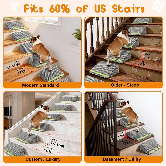 JoyBlooms Dog Ramp for Stairs for Small & Senior Dogs Cats, 40D Density Foam Gentle Slope Non-Slip Dog Stair Ramp with Glow Strip, Pet Ramp with Removable Washable Cover Gray-3pcs