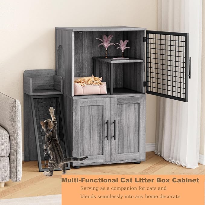 Garvee Cat Litter Box Enclosure, 2-Tier Cat House with Ladder, Hidden Litter Box Cabinet with Storage, 33.5 x 17.9 x 41.9 Inches, Dog Proof Cat House for Hallway, Bedroom, Living Room