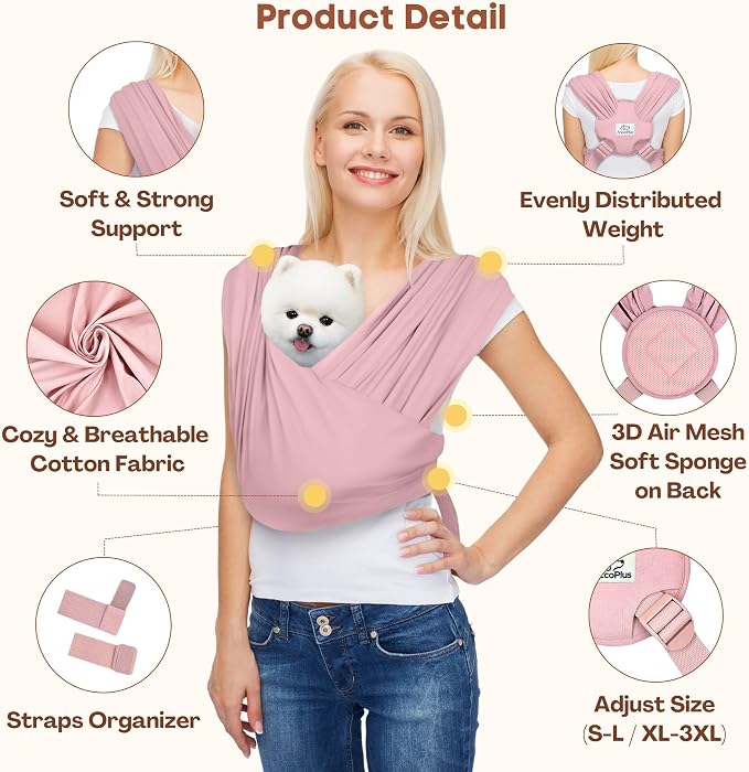 AnccoPlus Dog Carriers for Small Dogs, Front Facing Dog Sling Carrier, Hands Free Cat Carrier, Size Adjustable, Reducing Back Pain, Premium Cotton, Safe and Soft Dog Carrier (Regular, Light Pink)