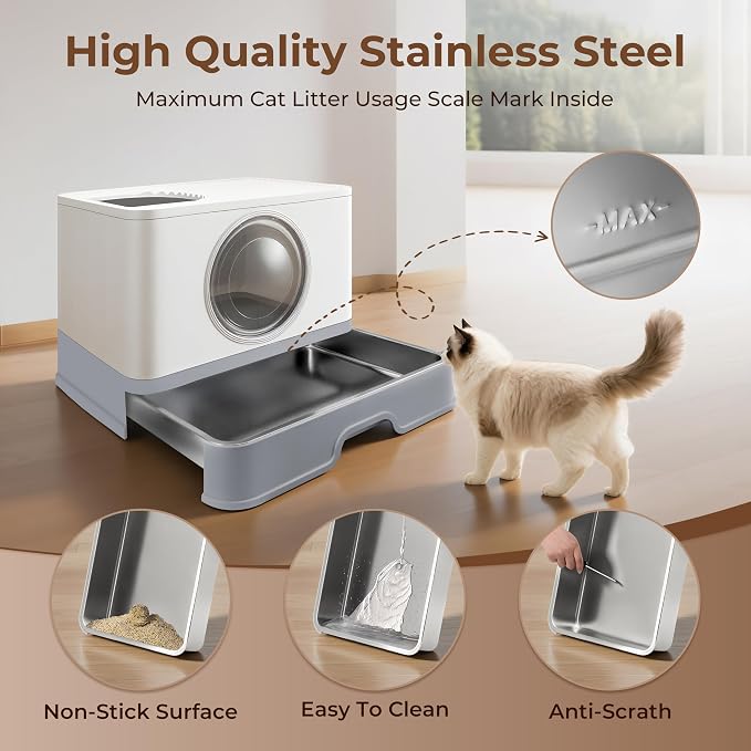 XXXL Stainless Steel Litter Box with Lid, Front Entry & Top Exit, Drawer Design, Scoop & Mat, for Maine Coon, Big & Multi-Cat Homes
