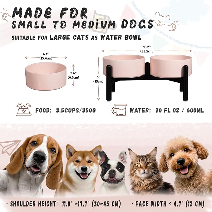 Ceramic Elevated Dog Bowl Set - Dog Feeder Station with Cute-Style Double Bowls for Small and Medium Size Breed - Non-Slip Raised Dish for Food and Water Feeding- 6 Inch - 3.5 Cups / 20 fl oz - Pink