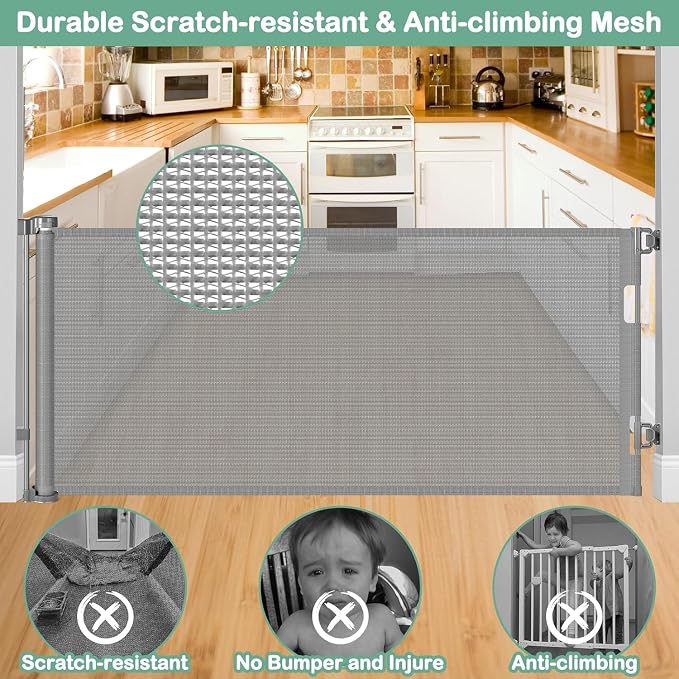 55 Inch Retractable Dog Gate Outdoor Scratch-Resistant Mesh Baby Gate for Stairs Retractable Baby Gates for Doorways Anti-Climb Outdoor Dog Gates for Decks Keep Kid/Pet away from Dangerous Place, Gray