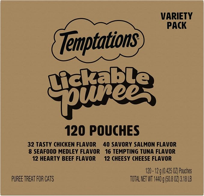 Temptations Creamy Puree Squeezable Lickable Wet Cat Treat Variety Pack, 0.42 oz. Tubes, 120 Count