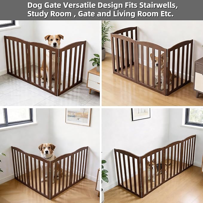 Freestanding Dog Gate Indoor,Doggie Gate Foldable Pet Gates for Doorways,Stairs or Hallways, Wooden Brown Pet Gate for the House, Pet Fence,24 "Height-3 Panels