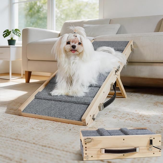 Dog Ramp Dog Stairs for Small Dogs Foldable Dog Ramp with 4 Adjustable Heights from 7.48'' to 15.35" Wood Stairs with Non Slip Carpet Portable Pet Ramp for Couch, Sofa, Low Bed (Natural Wood)