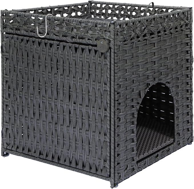 Neti Neti Cat Litter Box Enclosure Furniture, A Calm Enclosed Space Chosen by Cats, Handwoven Rattan Hidden Cabinet with 2 Removable Mats, Large Foldable Design for Indoor Use, Small, Grey