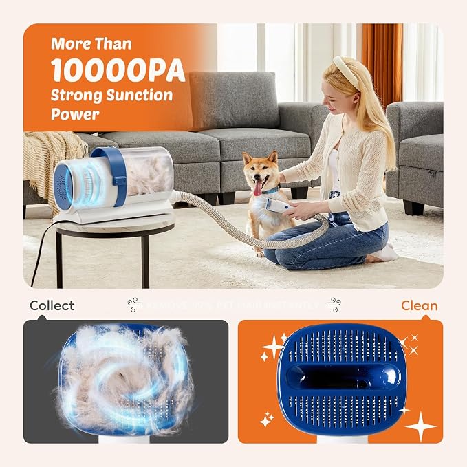 DUMOS Pet Grooming Vacuum Kit, 3 Adjustable Suction Modes Dog Clipper, 5 Professional Grooming Tools with Low Noise Cat Hair Clippers, 2.5L, Blue & White