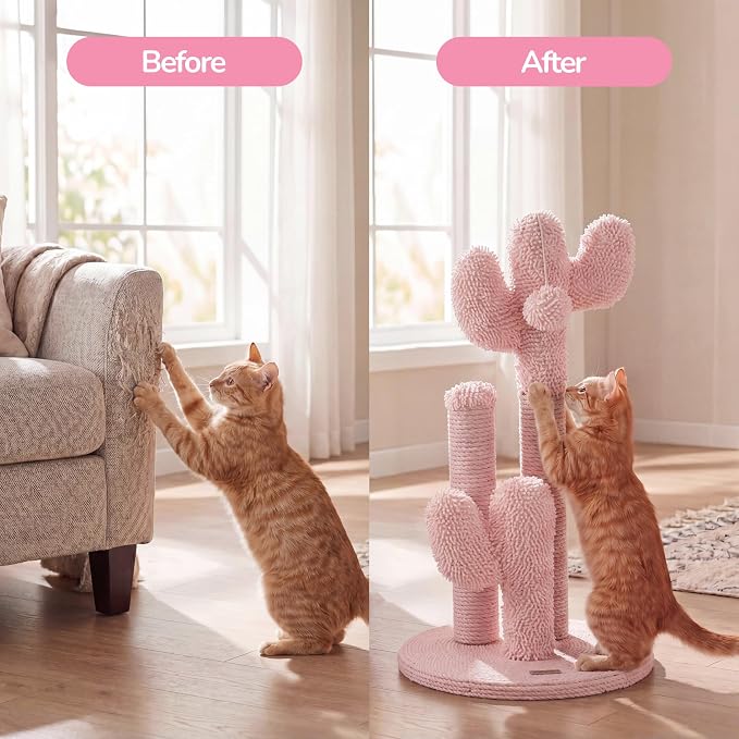 Marfa 21.5" Modern Triple Cactus Cat Scratching Post with Fuzzy Toy, Natural Jute Rope Scratcher with Weighted Non-Slip Base, Pink CTR1008C