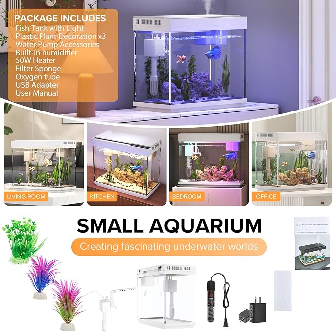 Vehipa Aquarium, 2.4 Gallon Betta Fish Tank with Heater, Humidifier 3 in 1 Pump - Filteration & Oxygenation & Circulation, Temperature Display, HD Glass, Timed 7-Color Lights