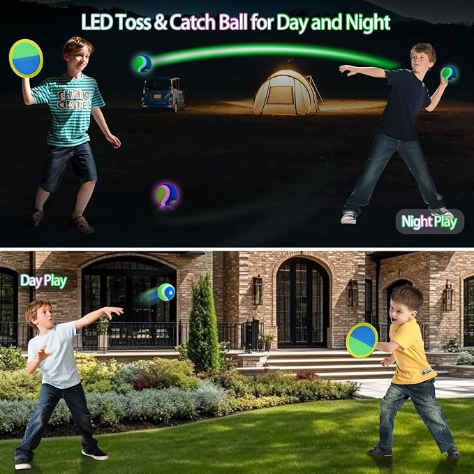 Toss and Catch Ball Game Set for Kids, Multicolor Light-Up Balls Glow in The Dark, Upgraded Outdoor Beach, Yard & Camping Toys for 3-12+ Year Old Boys & Girls Toddler, Holiday, Birthday Gift