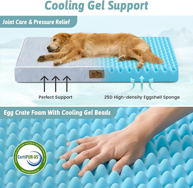 COZY KISS Cooling Orthopedic Dog Bed, Waterproof Egg Crate Foam Pet Bed with Removable Washable Cover, 36x27x3 Inch,Light Blue