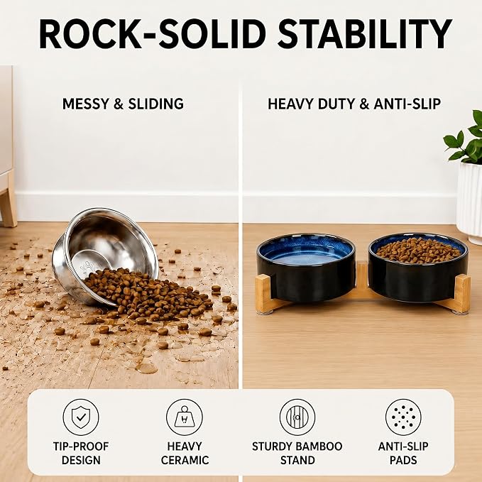 SPUNKYJUNKY Ceramic Dog and Cat Bowl Set with Wooden Stand, Modern Cute Weighted Food Water Set for Small Size Dogs (13.5OZ) & Medium Sized Dogs (28.7OZ) & Cats (1.7 Cups, 2 × Starry Blue)