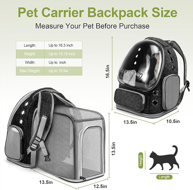 Cawypety Expandable Cat Backpack,Cat Bubble Backpack Carrier for Carrying Cats, Pets and Small Dogs,Airline-Approved,Designed for Travel, Hiking, Walking,Car （Black