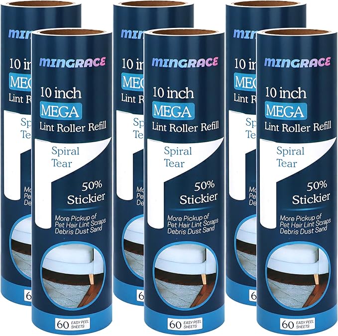 10 inch Mega Lint Roller Refills for Evercare Smart Design Layers Large Mega Lint Rollers and More, 50% More Pickup, 60 Sheets per Refill, Pack of 6, 360 Sheets Total
