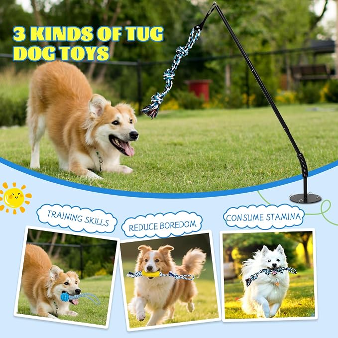 Outdoor Dog Tug Toy Reinforced Spring Rod with Durable chew-Resistant Rope for Independent Play and Interactive Fun in Yards and lawns Adjustable Height for Medium to Large Breeds Black