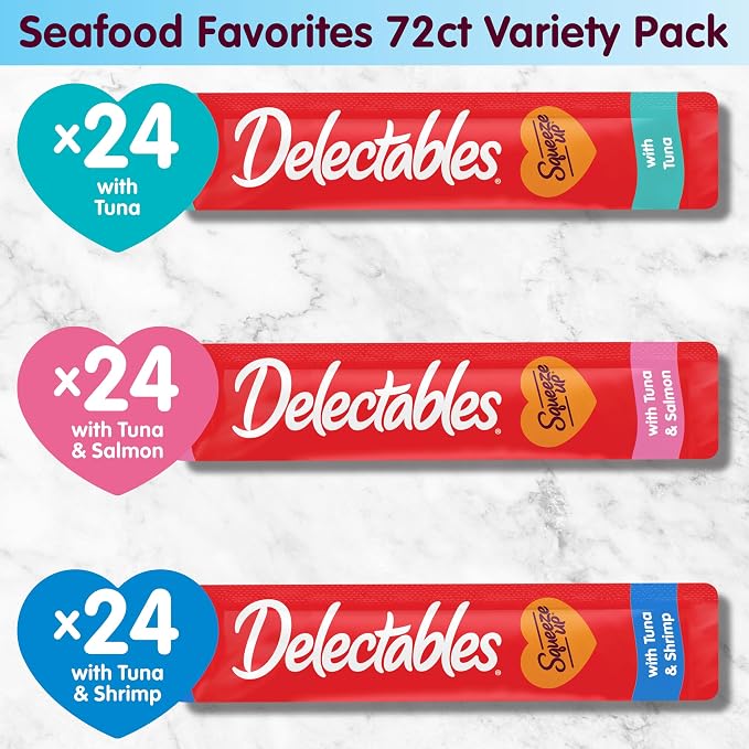 Delectables Squeeze Up Seafood Variety Pack, Creamy Squeezable Puree, Lickable Wet Cat Treats, Grain Free, No Added Fillers, No by-Products, No Added Preservatives, 0.5 Ounces Tube, 72 Tubes Total