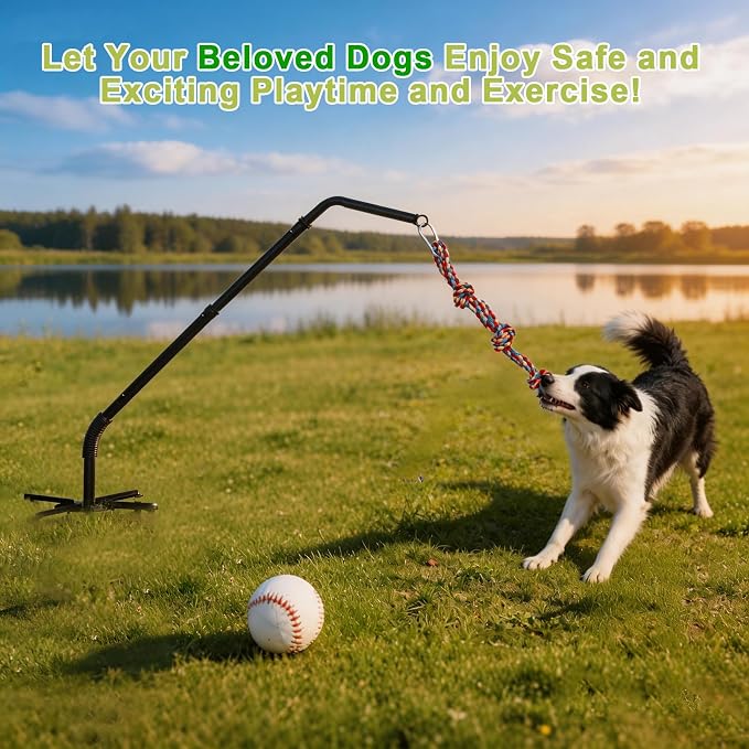 Tether Tug Outdoor Dog Toy,Tether Tug,Tether Dog Toy Rack with 3 Tug Rope Toys Adjustable Spring Pole,Interactive Pull Toy for Large Medium Small Dog Tether Tug of War Dog Chew Rope Toy