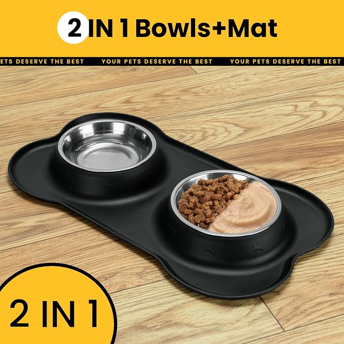 Conlun Stainless Steel Dog Bowls with Non-Slip Silicone Mat, Spill Proof Food & Water Bowls Set, Easy Clean Puppy Food Dish, Dishwasher Safe, Suitable for Dogs Cats Pet Under 20lbs, Small, Black
