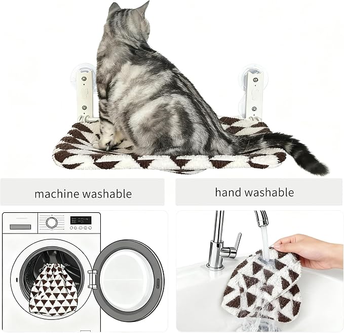Cat Window Perch, Foldable Cat Hammock Seat for Window with Metal Frame and Large Suction Cups, Window Perch for Cats Inside, Hold 40lb (Brown and White, L)