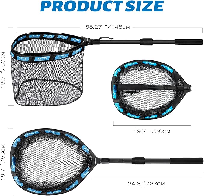 PLUSINNO Fishing Net Fish Floating Landing Net, Kayak Nets with Fixed Foldable Telescopic Pole Handle, Bass Trout Fishing Nets with Nylon Mesh for Pond Lake River, Fishing Gear Gifts for Men Anglers
