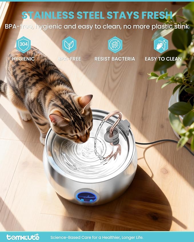 Tomxcute Cat Water Fountain - 4.0L/135oz Gooseneck Copper Stainless Steel Cat Water Fountains for Cats Indoor - Kitty Cat Fountains for Drinking Spout - Comes with 3 Replacement Filters
