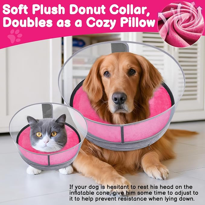 BARKLESS Dog Donut Collar, 2-in-1 Inflatable Dog Collars for After Surgery to Stop Licking Wounds, Patented Protective Donut Cone with High Shield for Large Pets (Hot Pink, L-Long)